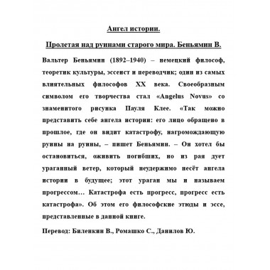 Ангел истории. Пролетая над руинами старого мира. Беньямин В.